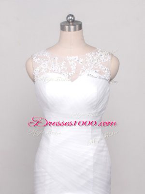 Unique White Sleeveless Brush Train Lace and Appliques and Ruching Wedding Dress