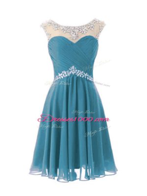 Teal A-line Beading Dress for Prom Zipper Chiffon Cap Sleeves Knee Length