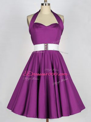 Extravagant A-line Wedding Guest Dresses Purple Halter Top Taffeta Sleeveless Knee Length Lace Up