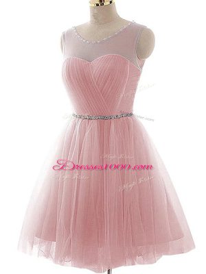 Mini Length Lace Up Pink for Prom and Party and Beach with Beading and Ruching