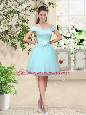 Luxury Knee Length Lace Up Bridesmaid Dresses Aqua Blue for Prom and Party with Lace and Belt