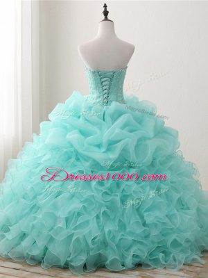 Apple Green Sweetheart Neckline Beading and Ruffles and Pick Ups 15th Birthday Dress Sleeveless Lace Up