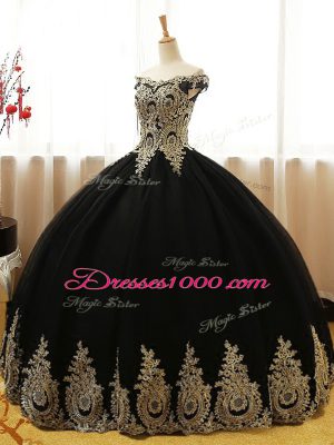 Ideal Black Lace Up Off The Shoulder Appliques Sweet 16 Dresses Tulle Sleeveless