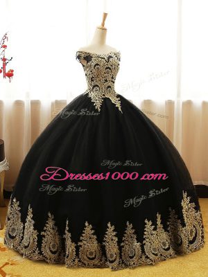 Ideal Black Lace Up Off The Shoulder Appliques Sweet 16 Dresses Tulle Sleeveless