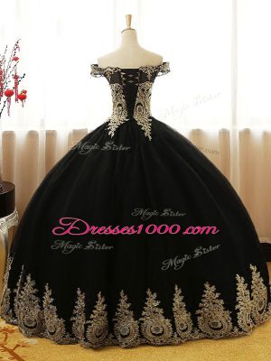 Ideal Black Lace Up Off The Shoulder Appliques Sweet 16 Dresses Tulle Sleeveless