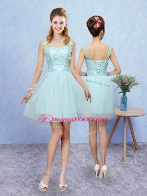 Fantastic Aqua Blue A-line Tulle Straps Sleeveless Appliques Mini Length Lace Up Wedding Party Dress