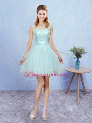 Fantastic Aqua Blue A-line Tulle Straps Sleeveless Appliques Mini Length Lace Up Wedding Party Dress