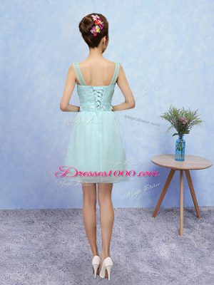 Fantastic Aqua Blue A-line Tulle Straps Sleeveless Appliques Mini Length Lace Up Wedding Party Dress