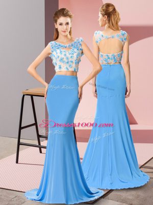 Beading and Hand Made Flower Dress for Prom Baby Blue Backless Sleeveless Brush Train