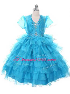 Organza Halter Top Sleeveless Lace Up Beading and Ruffled Layers and Bowknot Little Girl Pageant Gowns in Baby Blue