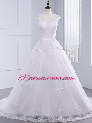 Modern White Clasp Handle Scalloped Lace Bridal Gown Tulle Sleeveless Brush Train
