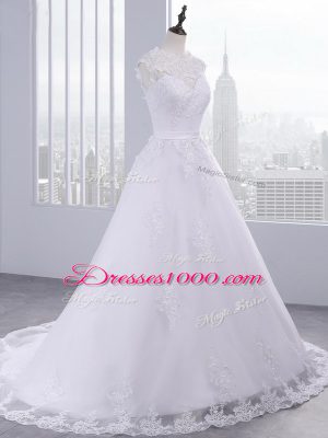 Modern White Clasp Handle Scalloped Lace Bridal Gown Tulle Sleeveless Brush Train