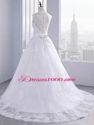 Modern White Clasp Handle Scalloped Lace Bridal Gown Tulle Sleeveless Brush Train