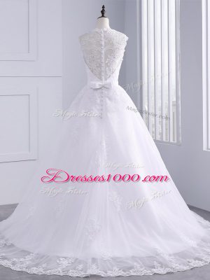 Modern White Clasp Handle Scalloped Lace Bridal Gown Tulle Sleeveless Brush Train