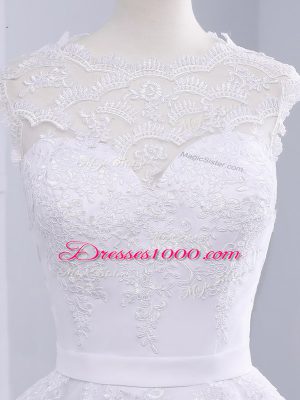 Modern White Clasp Handle Scalloped Lace Bridal Gown Tulle Sleeveless Brush Train