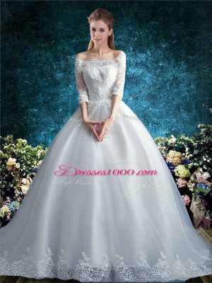 Court Train Ball Gowns Wedding Dresses White Off The Shoulder Tulle Half Sleeves Clasp Handle