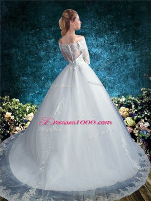 Court Train Ball Gowns Wedding Dresses White Off The Shoulder Tulle Half Sleeves Clasp Handle