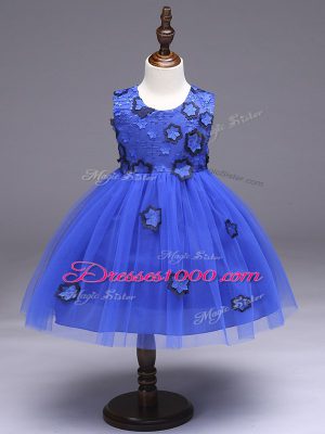On Sale Ball Gowns Flower Girl Dress Royal Blue Scoop Tulle Sleeveless Knee Length Zipper