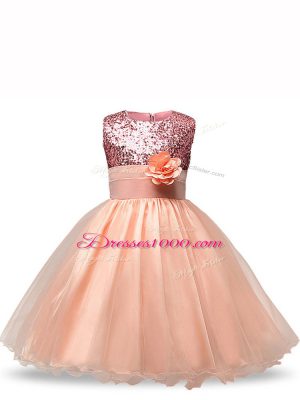 Knee Length Zipper Flower Girl Dresses for Less Peach for Wedding Party with Sequins and Hand Made Flower