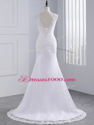 White High-neck Lace Up Beading and Appliques Wedding Gowns Brush Train Sleeveless