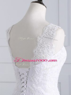 White High-neck Lace Up Beading and Appliques Wedding Gowns Brush Train Sleeveless