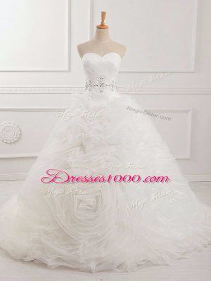 Dazzling White Organza Lace Up Wedding Gown Sleeveless Brush Train Beading and Ruching