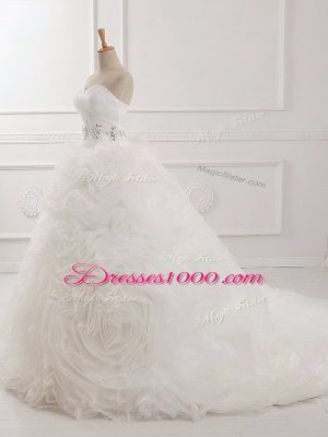 Dazzling White Organza Lace Up Wedding Gown Sleeveless Brush Train Beading and Ruching