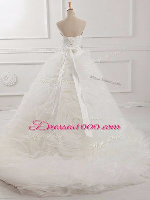 Dazzling White Organza Lace Up Wedding Gown Sleeveless Brush Train Beading and Ruching