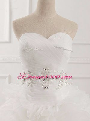 Dazzling White Organza Lace Up Wedding Gown Sleeveless Brush Train Beading and Ruching