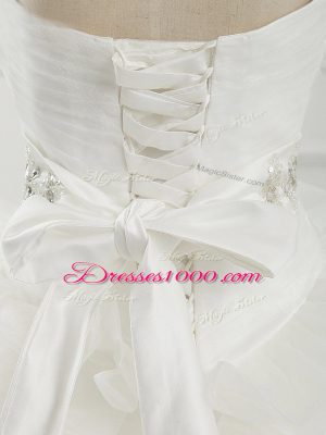 Dazzling White Organza Lace Up Wedding Gown Sleeveless Brush Train Beading and Ruching