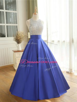 Blue A-line Beading Dress for Prom Backless Satin Sleeveless Floor Length
