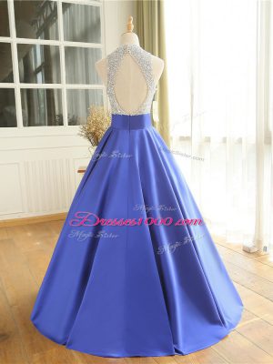 Blue A-line Beading Dress for Prom Backless Satin Sleeveless Floor Length