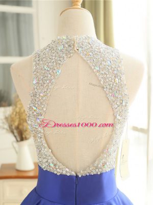Blue A-line Beading Dress for Prom Backless Satin Sleeveless Floor Length