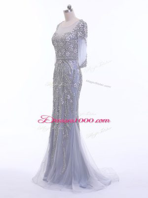 Lovely Zipper Evening Dress Silver for Prom and Party and Military Ball with Beading Brush Train