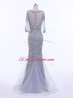 Lovely Zipper Evening Dress Silver for Prom and Party and Military Ball with Beading Brush Train