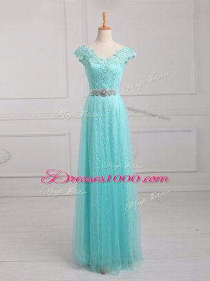 V-neck Cap Sleeves Tulle and Lace Mother of the Bride Dress Beading and Appliques Lace Up