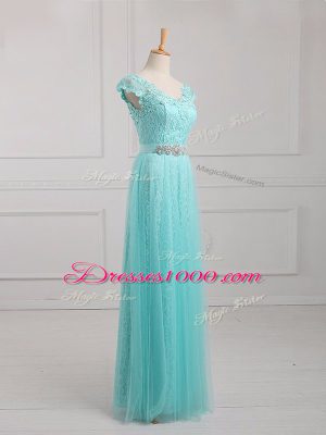 V-neck Cap Sleeves Tulle and Lace Mother of the Bride Dress Beading and Appliques Lace Up