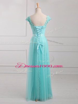 V-neck Cap Sleeves Tulle and Lace Mother of the Bride Dress Beading and Appliques Lace Up