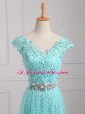 V-neck Cap Sleeves Tulle and Lace Mother of the Bride Dress Beading and Appliques Lace Up