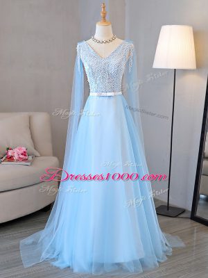 Baby Blue Empire Tulle V-neck Long Sleeves Beading and Belt Lace Up Prom Dresses