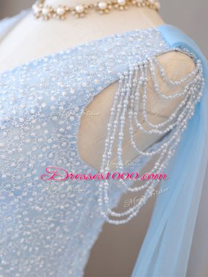 Baby Blue Empire Tulle V-neck Long Sleeves Beading and Belt Lace Up Prom Dresses