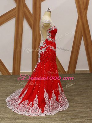 Red Column/Sheath V-neck Cap Sleeves Tulle Brush Train Zipper Beading and Lace and Appliques Evening Party Dresses