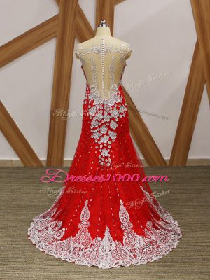 Red Column/Sheath V-neck Cap Sleeves Tulle Brush Train Zipper Beading and Lace and Appliques Evening Party Dresses