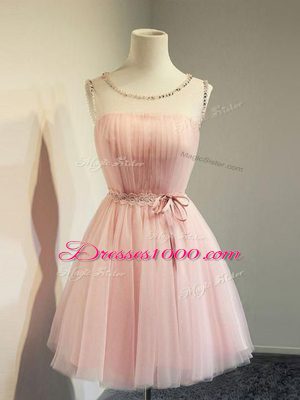 Glamorous Tulle Scoop Long Sleeves Lace Up Belt Quinceanera Court of Honor Dress in Baby Pink