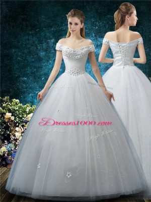Glorious White Cap Sleeves Floor Length Beading and Appliques Lace Up Wedding Dress