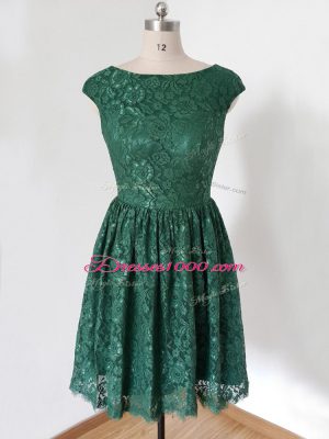 Graceful Dark Green Scoop Lace Up Lace Bridesmaid Dresses Cap Sleeves