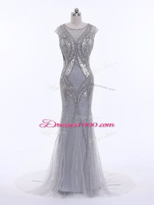 Zipper Prom Evening Gown Grey for Prom and Military Ball and Beach with Beading Brush Train