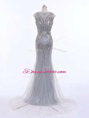 Zipper Prom Evening Gown Grey for Prom and Military Ball and Beach with Beading Brush Train