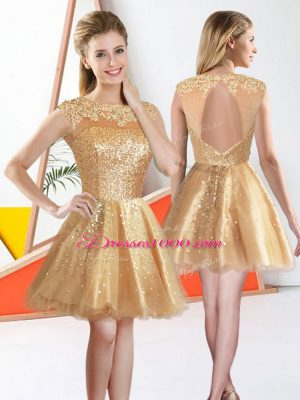 Champagne Bateau Neckline Beading and Lace Quinceanera Dama Dress Sleeveless Backless
