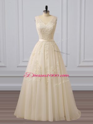 New Arrival Champagne Tulle Lace Up Sleeveless Brush Train Lace and Appliques